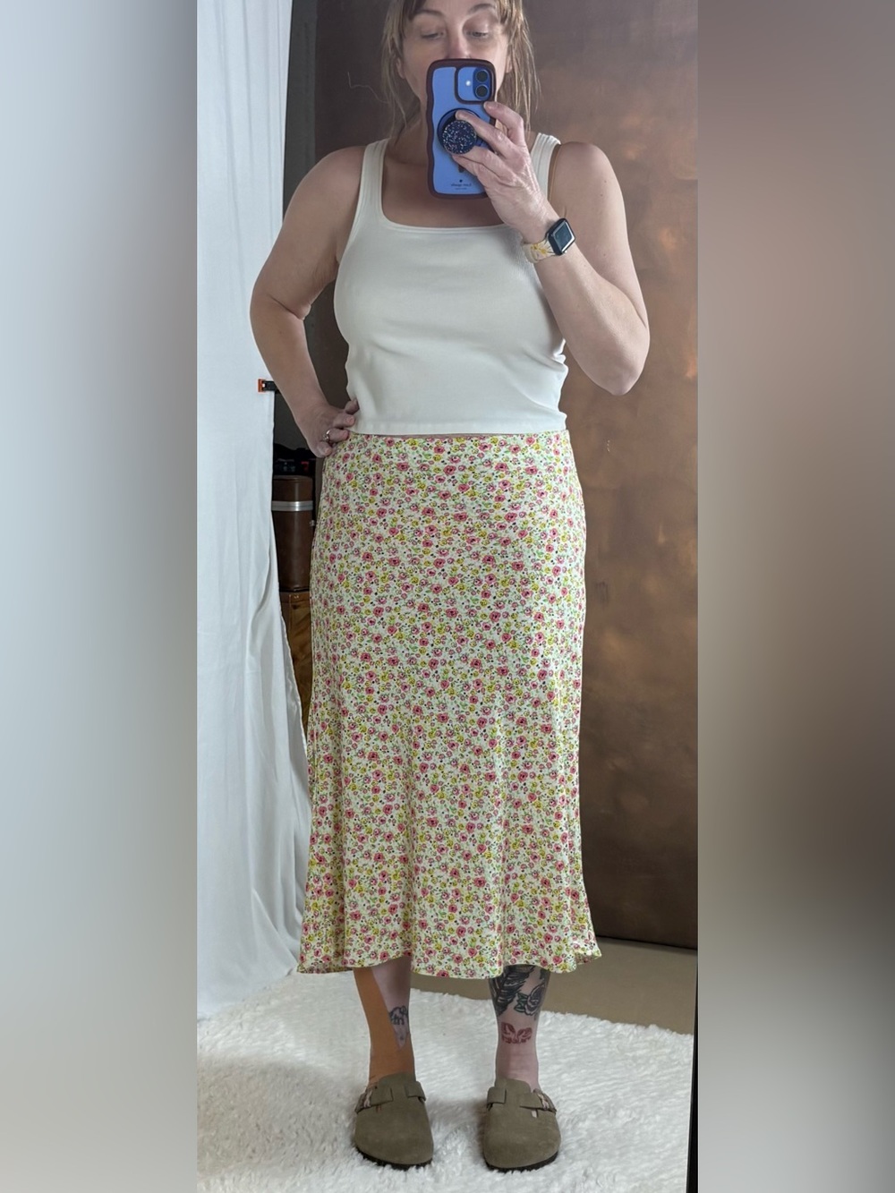 Floral Midi Maxi Skirt in Pink & Cream